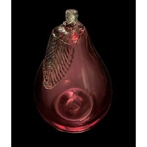 ROSSI Cranberry Glass Pear Paperweight‎ Handmade Canada 4.75"